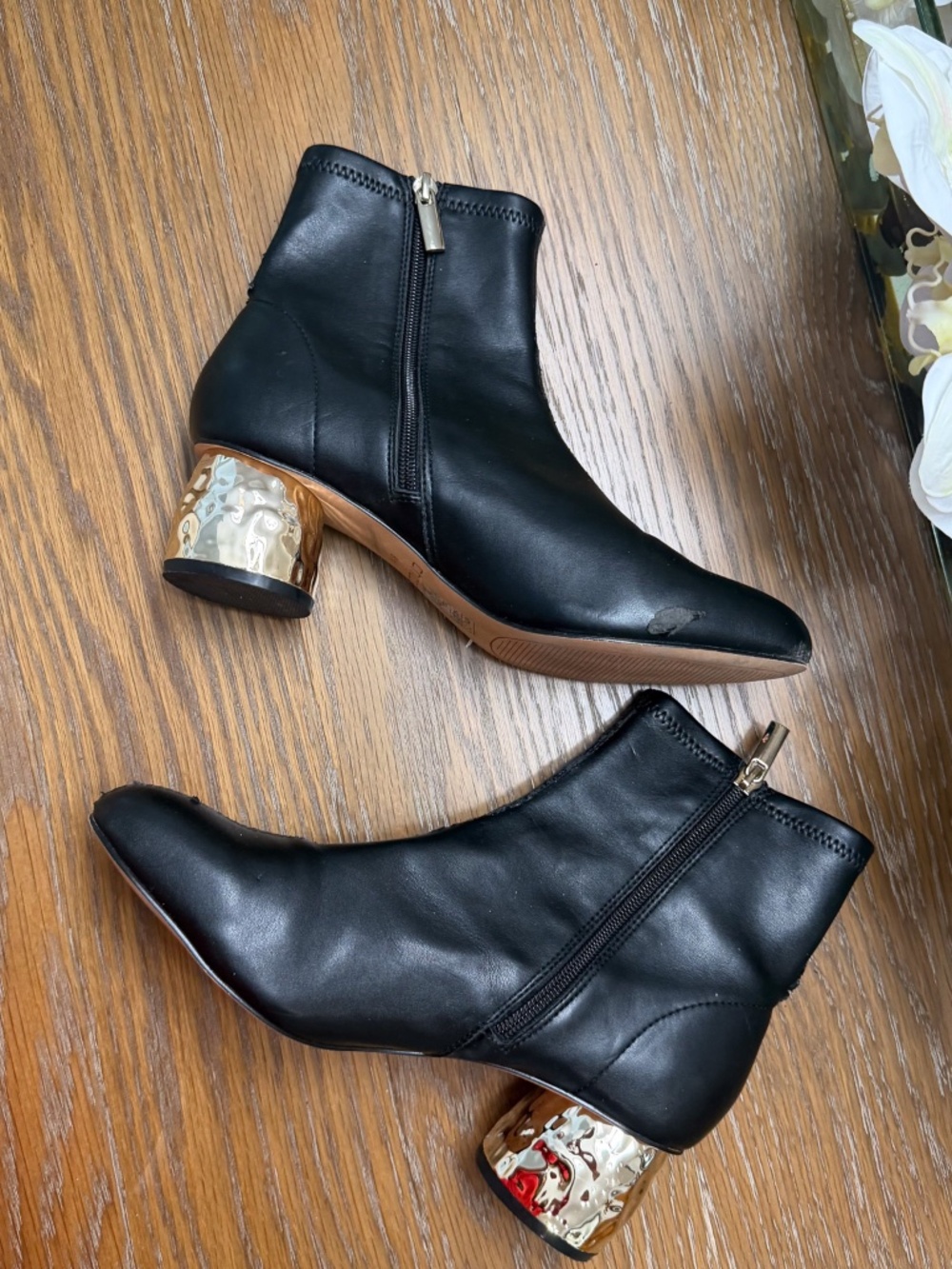 Chico's Faux Leather Gold Heel Boots - 8.5